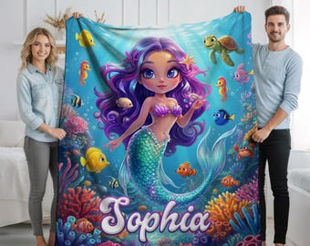 Custom Name Mermaid Velveteen Plush Blanket, Birthday Gift