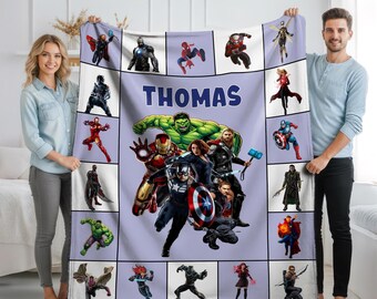 Personalized Avengers Blanket, Custom Name Superhero Blanket, Avengers Fan Gift, Birthday Gift for Boys, Kids Cozy Blanket