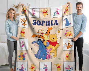 Personalized Winnie the Pooh Plush Blanket, Custom Name Nursery Throw