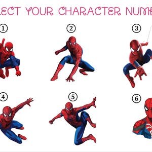 May include: A graphic display titled SELECT YOUR CHARACTER NUMBER featuring six distinct illustrations of the superhero Spider-Man in various action poses, numbered one through six, showcasing the iconic red and blue suit with web patterns.