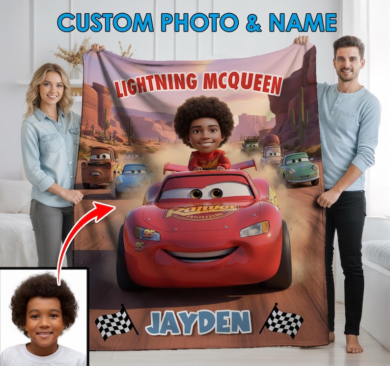 Spersonalizowany koc samochodowy Disney Lightning McQueen ze zdjęciem, koc Disney Pixar, prezent urodzinowy z welurowego pluszu zdjęcie 2