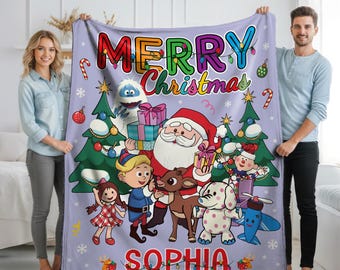 Personalized Christmas Blanket with Name, Santa Claus & Reindeer Throw, Custom Holiday Blanket for Kids, Christmas Gift, Cozy Winter Decor