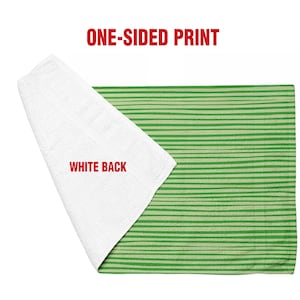 May include: A rectangular towel featuring a green and light green horizontal striped pattern on one side and a solid white texture on the reverse side. The text ONE-SIDED PRINT appears at the top and WHITE BACK is printed on the white section.