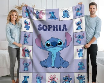 Personalized Stitch Blanket, Custom Name Fleece Throw, Lilo and Stitch Kids Blanket, Cozy Birthday Gift
