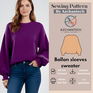 Balloon Sleeve Sweater Sewing Pattern PDF – Women’s Pullover Top – A4/A0 Printable Pattern