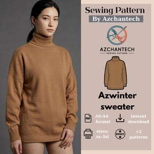 Wide Fit Turtleneck Sweater Sewing Pattern | Drop Shoulder Knit Pullover | Digital PDF | A0, A4, Us Letter | Sizes XS-3XL | Layered PDF
