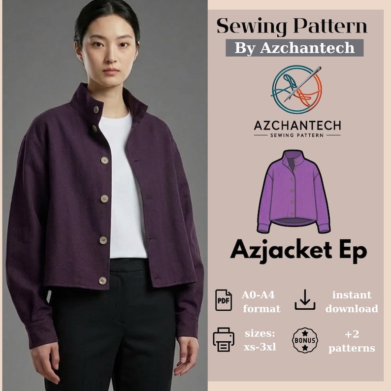 Boxy Cropped Jacket Sewing Pattern | Stand-up Collar Wide Sleeves ...