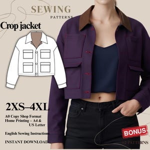May include: A purple crop jacket with a brown collar, four front pockets, and red buttonholes. The image includes a white line drawing of the jacket, the text SEWING PATTERNS, Crop jacket, 2XS-4XL, A0 Copy Shop Format, Home Printing – A4 & US Letter, English Sewing Instructions, INSTANT DOWNLOAD, and BONUS +2 PATTERNS.