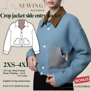 Peut inclure: Une veste courte bleu clair avec un col marron, des boutons blancs et des poches latérales grises. L'image comprend un dessin au trait blanc de la veste, le texte SEWING PATTERNS, 2XS-4XL, A0 Copy Shop Format, Home Printing et BONUS +2 PATTERNS.