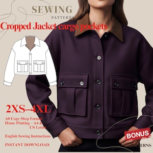 Puede incluir: Una chaqueta corta de color morado oscuro con cuello marrón, mangas largas y dos grandes bolsillos cargo delanteros con cierre de botones. La parte delantera tiene una tapeta con botones. El texto incluye SEWING PATTERNS, Cropped Jacket cargo pockets, 2XS-4XL, A0 Copy Shop Format, Home Printing – A4 & US Letter, English Sewing Instructions, INSTANT DOWNLOAD y BONUS.