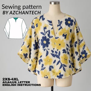 Loose Blouse Sewing Pattern | V Neck Floral Top PDF | Digital Pattern for Women | Oversized Tunic with Flared Sleeves | Sizes 2XS-4XL