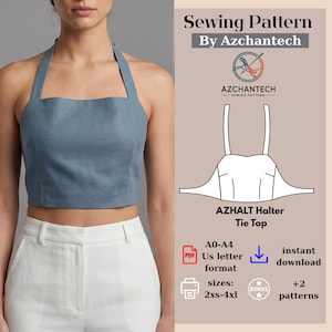 Peut inclure: Un haut court dos nu bleu avec une encolure carrée et de larges bretelles. L'image contient le texte : Sewing Pattern By Azchantech, AZHALT Halter Tie Top, A0-A4, Us letter format, sizes: 2xs-4xl, instant download, et +2 patterns.