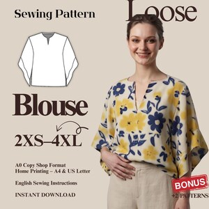 Loose Blouse Sewing Pattern | V Neck Floral Top PDF | Digital Pattern for Women | Oversized Tunic with Flared Sleeves | Sizes 2XS-4XL