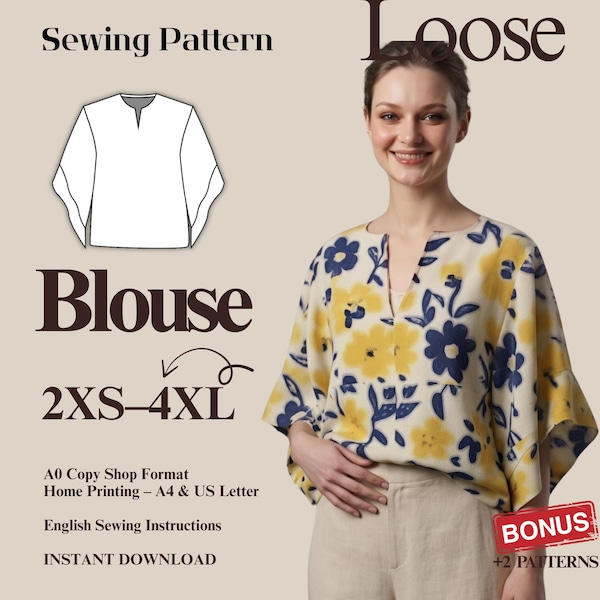 Naaipatroon voor een losse blouse | Top met V-hals en bloemenprint (PDF) | Digitaal patroon voor dames | Oversized tuniek met uitlopende mouwen | Maten 2XS-4XL