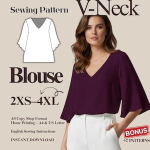 V-Neck Blouse Sewing Pattern PDF – Women’s Flared Sleeve Top – A4/A0 Printable Pattern