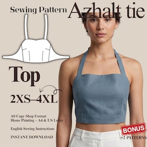 AZHALT Halter Tie Top Sewing Pattern | Square Neck Back Tie Crop Top |  PDF Pattern Sizes 2XS-4XL | Professional Sewing Instruction Manual