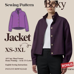 Boxy Cropped Jacket Sewing Pattern | Stand-Up Collar  Wide Sleeves| Digital A0 & A4 PDF | Sizes XS-3XL | Beginner- Professional Pattern