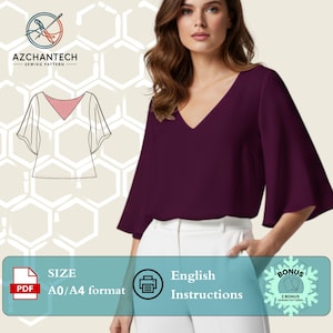 Peut inclure: Une femme porte un chemisier prune à col en V et à manches larges. L'image montre également un schéma de patron de couture et le texte "AZCHANTECH SEWING PATTERN", "SIZE A0/A4 format" et "English Instructions".