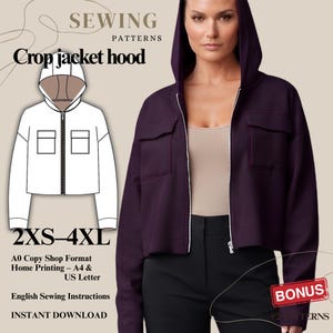 Peut inclure: Un patron de couture pour une veste courte à capuche, incluant un dessin technique et une photo du vêtement fini en violet foncé. Le texte indique SEWING PATTERNS, Crop jacket hood, 2XS-4XL, A0 Copy Shop Format, Home Printing – A4 & US Letter, English Sewing Instructions, INSTANT DOWNLOAD et BONUS.