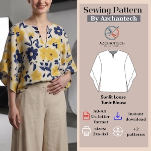 Può includere: Un cartamodello per una tunica ampia Sunlit di Azchantech. L'immagine mostra una blusa con stampa floreale gialla e blu navy, scollo a fessura e maniche larghe, insieme a un disegno tecnico a linee del design dell'indumento.
