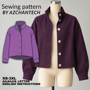 Boxy Cropped Jacket Sewing Pattern | Stand-Up Collar Wide Sleeves| Digital A0 & A4 PDF | Sizes XS-3XL | Beginner-Professional Pattern