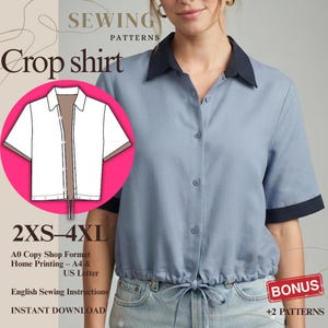 May include: A light blue short-sleeve crop shirt with a dark navy collar and sleeve cuffs. The shirt features a front button placket and a drawstring hem. Text includes SEWING PATTERNS, Crop shirt, 2XS-4XL, A0 Copy Shop Format, Home Printing.