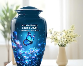 Blue Butterfly Cremation Urn – Floral Keepsake Box, Memorial Urn