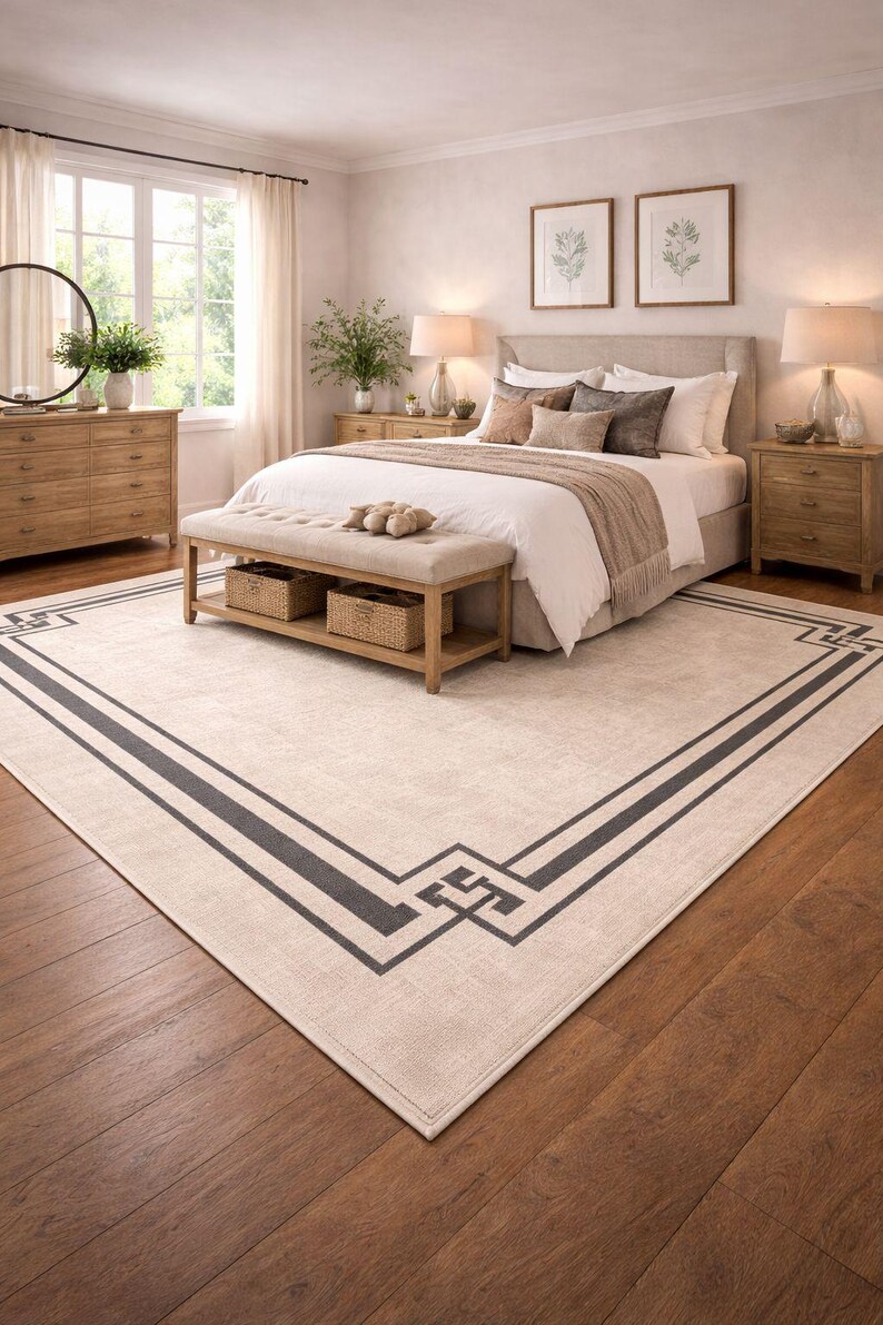 Dresser Rug Modern Grey Border Hand Tufted Area Rug Premium Blended Wool Cream ...