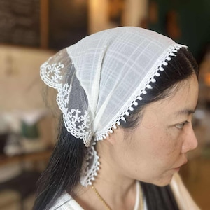 Delicate White Lace Headscarf with Floral Embroidery - Vintage-Inspired, Handmade, Elegant Headwear&quot;