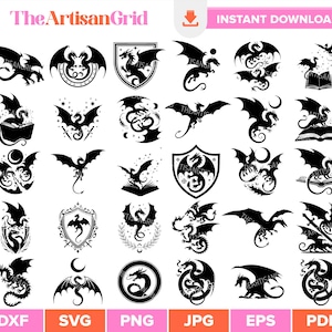 May include: A collection of black dragon illustrations in various poses and designs. Some dragons are depicted with open books, shields, and circular frames. The text "The Artisan Grid" and "Instant Download" are visible.
