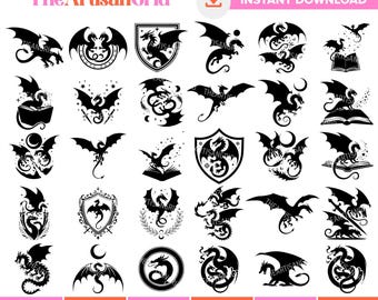 May include: A collection of black dragon illustrations in various poses and designs. Some dragons are depicted with open books, shields, and circular frames. The text "The Artisan Grid" and "Instant Download" are visible.