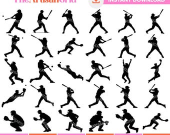 Baseball SVG Bundle, 35 Spieler Silhouetten für Cricut & Shirt-Designs, Sport PNG PNG, Teig geschnitten Datei, DXF, Vinyl Aufkleber