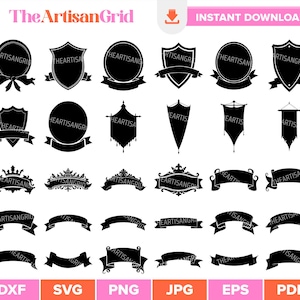 Puede incluir: Una colección de gráficos vectoriales negros, que incluyen pancartas, escudos y elementos decorativos. Los diseños presentan varias formas y estilos, adecuados para proyectos de diseño digital. El texto "The ArtisanGrid" y "Instant Download" son visibles.