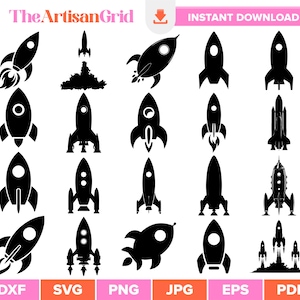 May include: A collection of black rocket ship illustrations in various designs. Some rockets have flames, others have windows, and some are simple silhouettes. The text "The Artisan Grid" and "INSTANT DOWNLOAD" are visible.