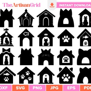May include: A collection of black silhouette images of cat houses and pet houses. Designs include cat silhouettes, paw prints, fish, and crown details. The Artisan Grid and Instant Download text are visible.