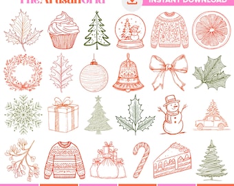 Pacote de Clipart Natalino SVG Desenhado à Mão com Toques de Fantasia, SVG Natalino Coquette, PNG de Desenhos Natalinos, SVG e PNG de Inverno, Clipart para Festas de Fim de Ano