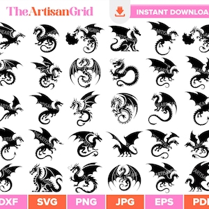 Dragon Silhouette SVG Bundle, Flying Dragon SVG Cut Files for Cricut, Dragon Tattoo Svg, Medieval Svg, Witchcraft SVG, Dragon Vector Dxf Png