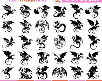 Dragon Silhouette SVG Bundle, Flying Dragon SVG Cut Files for Cricut, Dragon Tattoo Svg, Medieval Svg, Witchcraft SVG, Dragon Vector Dxf Png