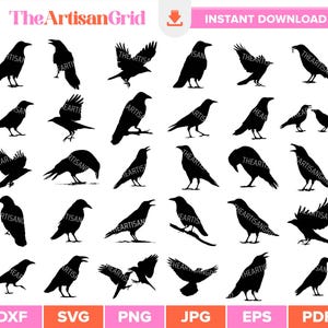 May include: A collection of black raven silhouettes in various poses, including flying, perched, and standing. The image includes the text "The ArtisanGrid" and "INSTANT DOWNLOAD" at the top, and file type options at the bottom.