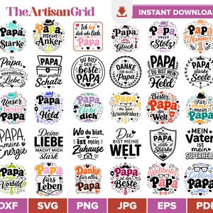 Peut inclure: Une collection de motifs numériques avec le mot "Papa" dans différents styles. Les motifs présentent des éléments décoratifs tels que des moustaches, des chapeaux et des cœurs, ainsi que des phrases comme "Meilleur Papa" et "Mon Héros". La palette de couleurs comprend le noir, le blanc et des touches de couleur.