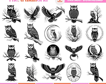Paquete SVG de búho, clipart PNG de búho, silueta de búho, cara de búho SVG, dibujo de búho SVG, vector de búho DXF, archivos de corte láser de aves, paquete de clipart de tatuajes