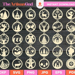 May include: A collection of laser-cut wooden Christmas ornaments in various designs, including angels, reindeer, and Christmas trees. The ornaments are circular with a hole at the top for hanging. The Artisan Grid and instant download text are visible.