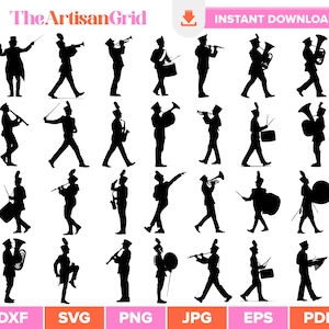 Könnte beinhalten: Schwarze Silhouette-Illustrationen von Mitgliedern einer Marching Band, die verschiedene Instrumente spielen, darunter Trompeten, Trommeln und Tuben. Das Bild enthält den Text "The ArtisanGrid" und "INSTANT DOWNLOAD" mit Dateitypoptionen.
