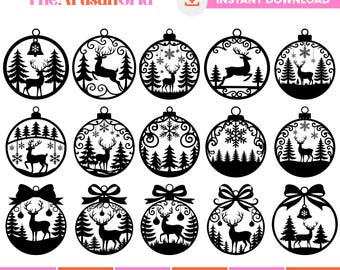 Christmas Ornaments SVG Bundle, Christmas Balls SVG Clipart, Laser Cut Ornament Files, Cricut Christmas Scene Files, Christmas Tree Decor