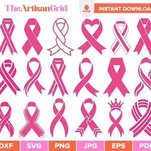 May include: A collection of eighteen distinct pink awareness ribbons in various shapes and styles, including solid, outlined, and heart-shaped designs. The text The ArtisanGrid and INSTANT DOWNLOAD appear at the top, with file formats listed at the bottom.