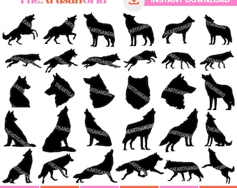 Howling Wolf SVG Bundle, Wolf Silhouette Cut Files for Cricut, Wild Animal Silhouette, Forest Animal PNG Clipart, Woodland Animal Laser Cut