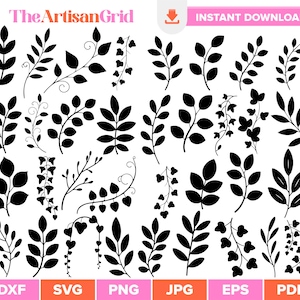 Puede incluir: Siluetas negras de hojas y ramas de diversas formas. La imagen incluye el texto "The Artisan Grid" y "Instant Download". En la parte inferior se muestran opciones de tipo de archivo: DXF, SVG, PNG, JPG, EPS y PDF.