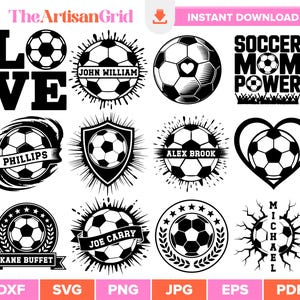 May include: A collection of black and white soccer-themed graphics. Designs include soccer balls, text like "Love", "Soccer Mom Power", and personalized name banners. Ideal for digital crafting projects.