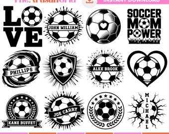 Pacchetto SVG personalizzabile per il calcio, logo modificabile della squadra di calcio, monogramma del pallone da calcio in formato SVG, silhouette del calcio, file di taglio con nome diviso per il calcio