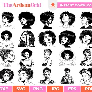 May include: Black and white line art illustrations of diverse women with various hairstyles, including afros, braids, and head wraps. The images are in a digital art style, suitable for digital downloads.